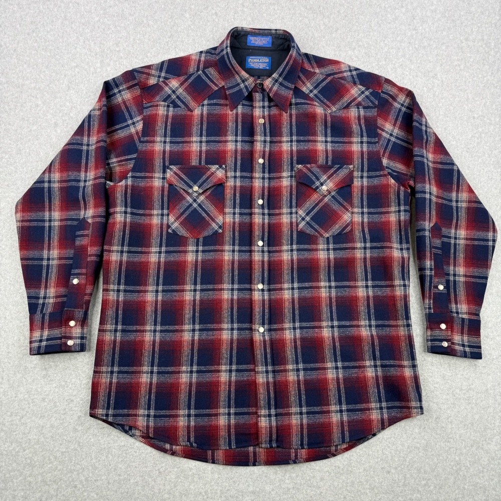 Pendleton Shirt Mens‎ Large Red Blue Plaid Wool Pearl Snap Board Flannel Pockets